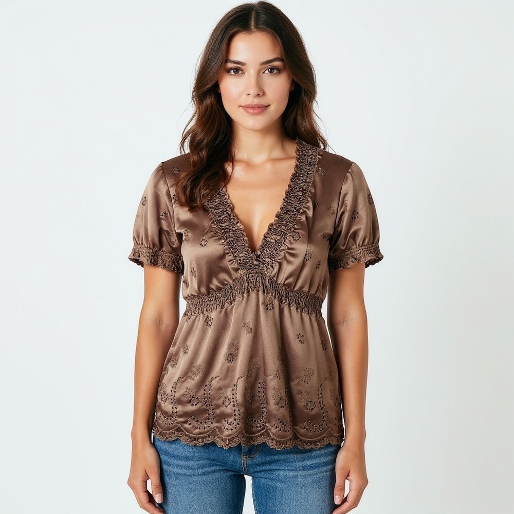 BCBGMAXAZRIA Brown 100% Silk Eyelet Smocked Empire Waist Blouse Top Small